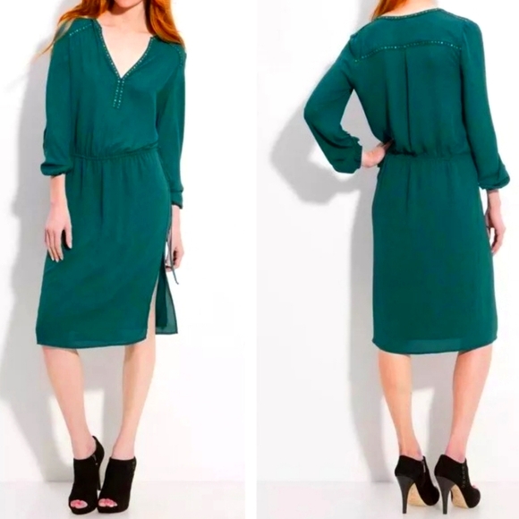 BCBG MAX AZRIA Bri Dress, Cinch Waist Sheath Midi, Gold Studs, Leg Slit, EUC! - Picture 1 of 16